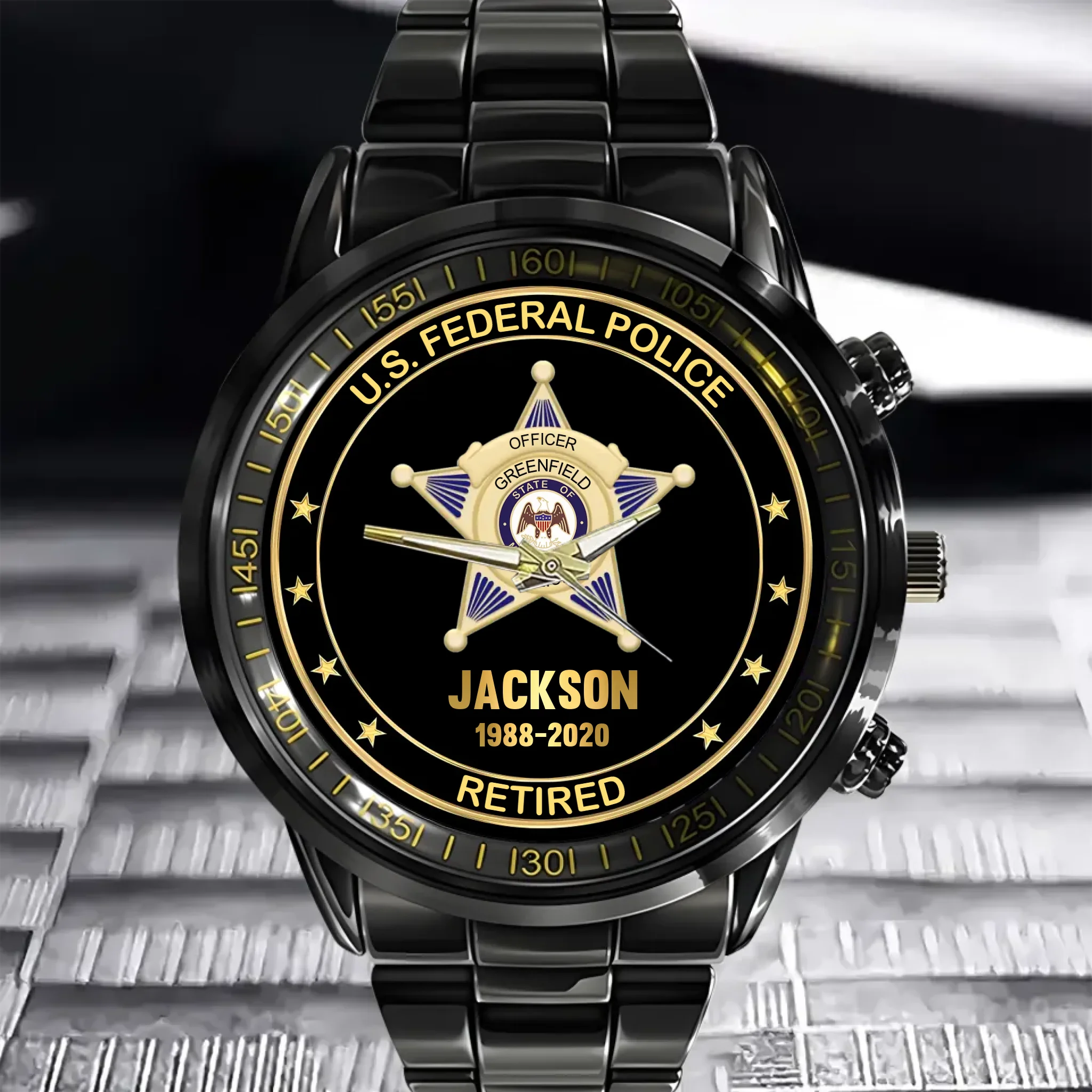 Customised American Police Badge Themed Watches - Police Commemorative Watch with Personalised Badge,Department,Time and Text - A Gift For Police,Family,Friend