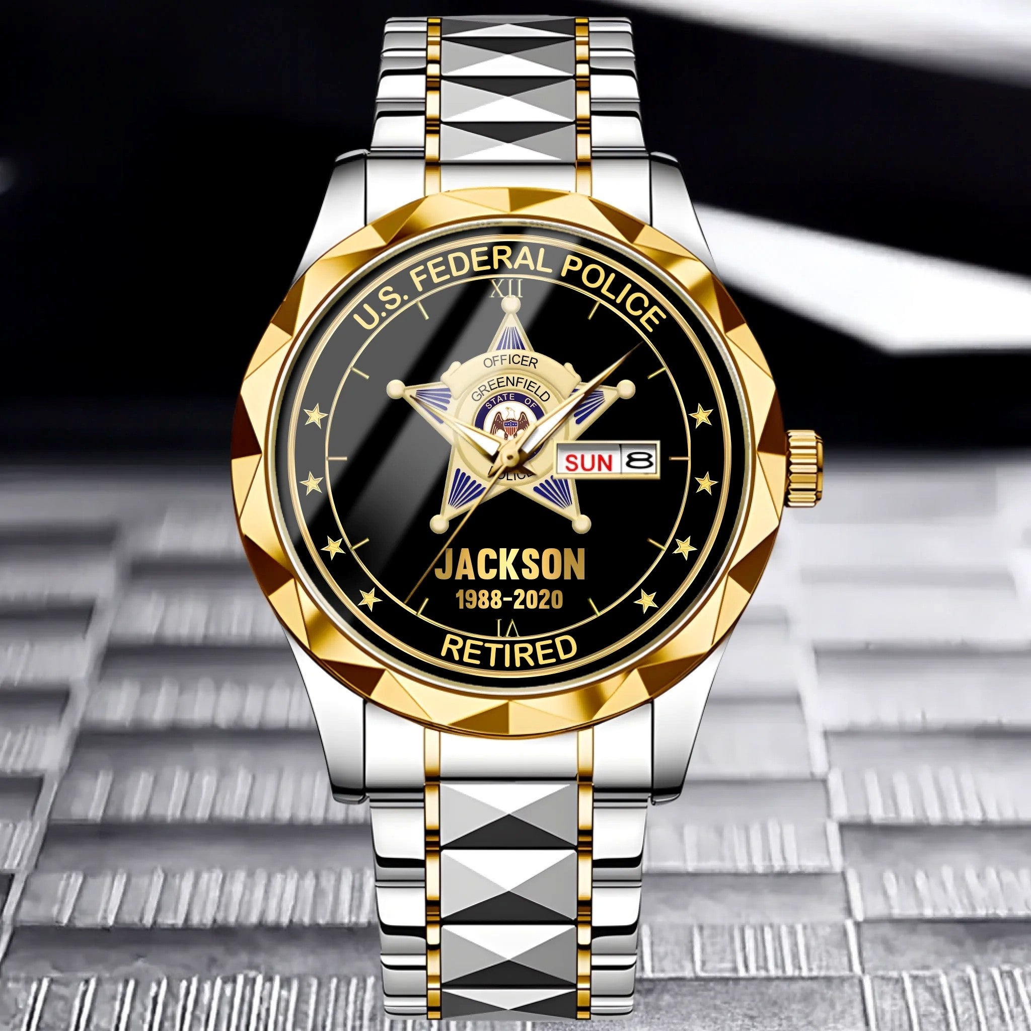Customised American Police Badge Themed Watches - Police Commemorative Watch with Personalised Badge,Department,Time and Text - A Gift For Police,Family,Friend