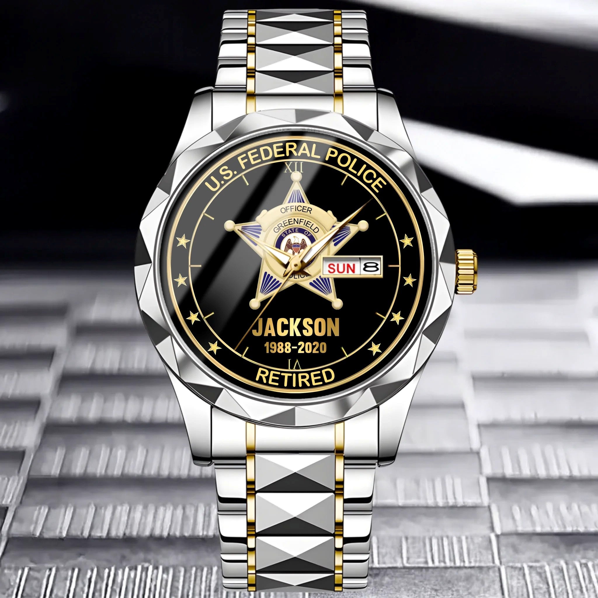 Customised American Police Badge Themed Watches - Police Commemorative Watch with Personalised Badge,Department,Time and Text - A Gift For Police,Family,Friend