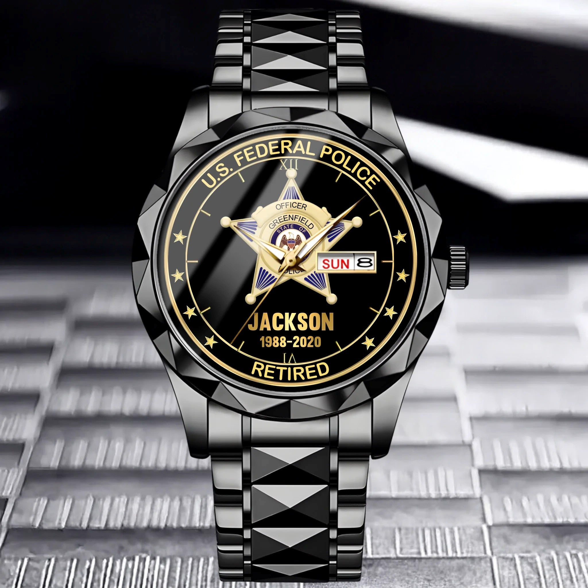 Customised American Police Badge Themed Watches - Police Commemorative Watch with Personalised Badge,Department,Time and Text - A Gift For Police,Family,Friend